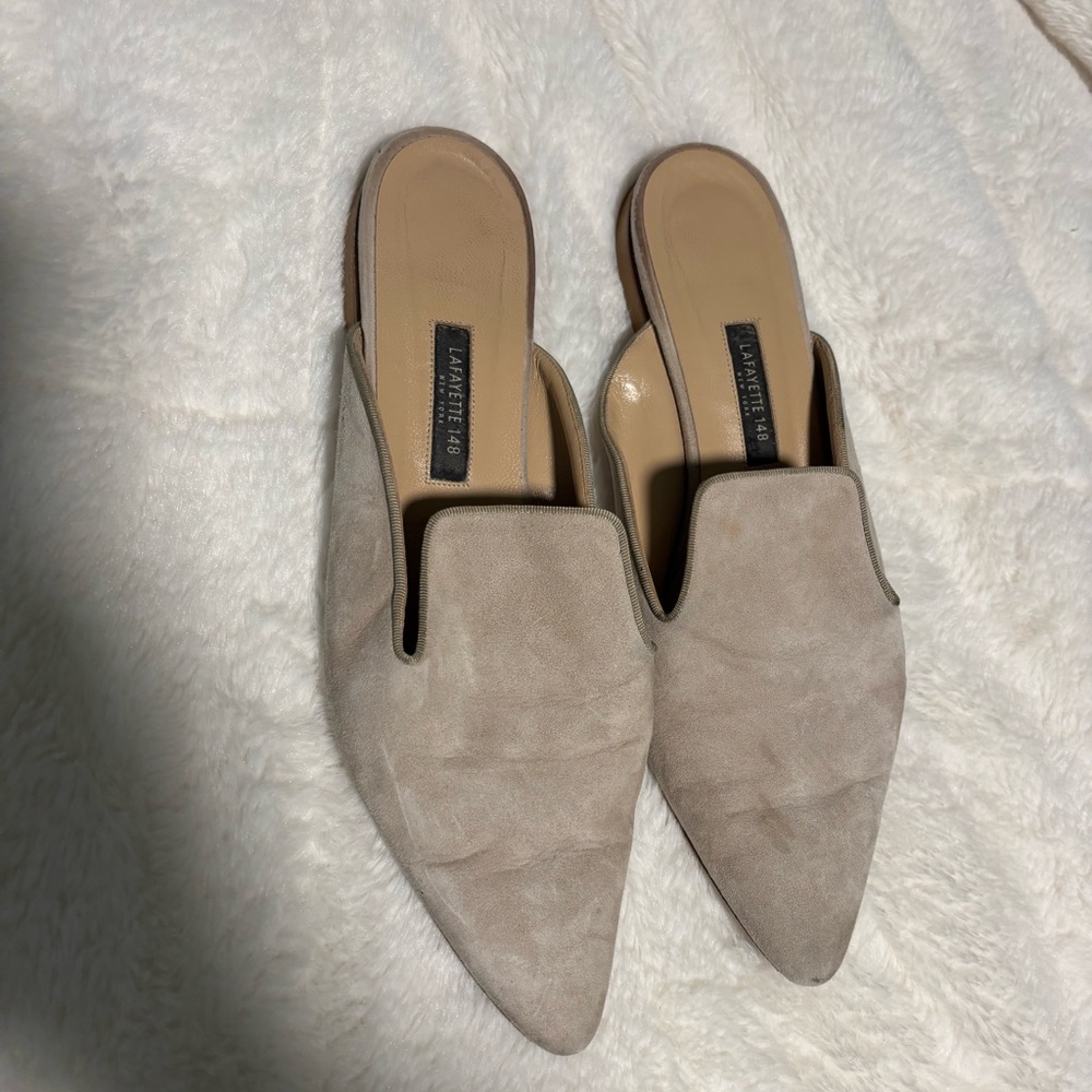Lafayette 148 New York Vento Suede Pointed Toe Taupe Mules Loafers